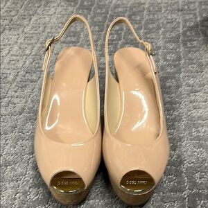 Jimmy Choo Nude Peep Toe patent leather Slingback Heels with cork heel